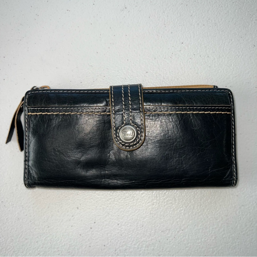 Fossil‎ Women's Weekender Checkbook Clutch Black Leather Bi-Fold Wallet 7.5"